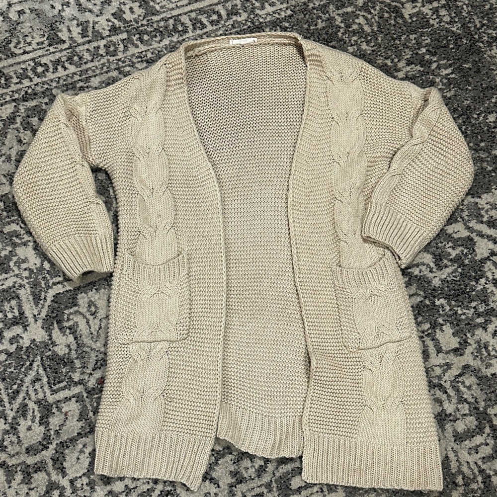 Woman’s Tan Fringe Knit Sweater Cardigan Large
